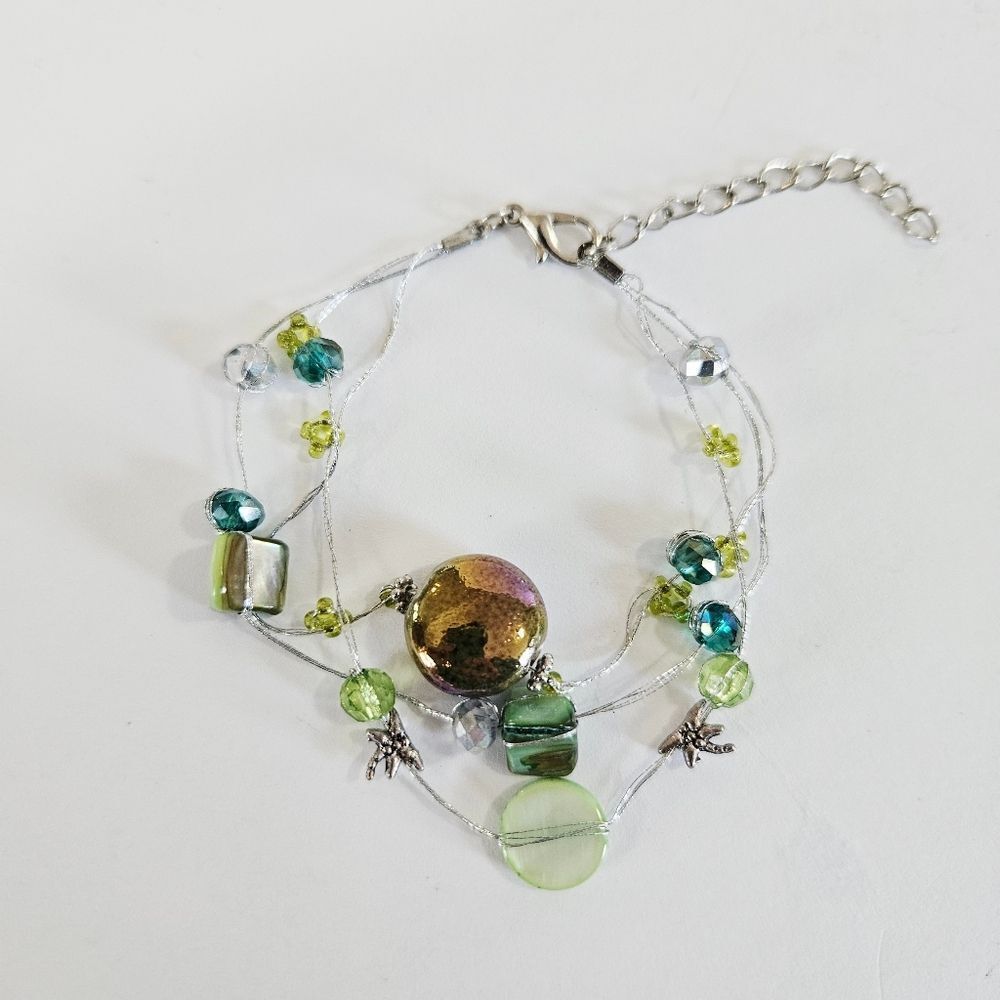 Vintage Y2K Multi-Strand Green Blue Rhinestone Crystal Beaded Palm Tree Bracelet